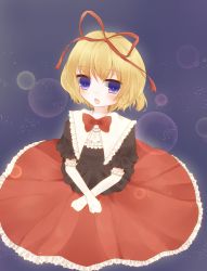 Rule 34 | 1girl, blonde hair, blouse, blue background, blue eyes, bow, elbow gloves, ena (ena228), gloves, hair ribbon, highres, light particles, looking at viewer, medicine melancholy, ribbon, shirt, short hair, short sleeves, simple background, skirt, solo, touhou