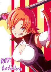 Rule 34 | 1girl, aqua eyes, breasts, character name, cleavage, cleavage cutout, clothing cutout, copyright name, detached sleeves, fingerless gloves, gloves, grin, moai (moai world), nora valkyrie, orange hair, pink gloves, rwby, short hair, smile, solo, striped, striped background