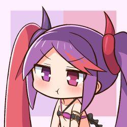 Rule 34 | 1girl, :t, absurdres, bare shoulders, bikini, black bikini, blush, breasts, chibi, closed mouth, collarbone, commentary request, halterneck, hana kazari, heterochromia, highres, long hair, misaki (princess connect!), misaki (summer) (princess connect!), multicolored hair, parted bangs, pout, princess connect!, purple bikini, purple eyes, purple hair, red hair, small breasts, solo, swimsuit, twintails, two-tone hair, upper body, v-shaped eyebrows