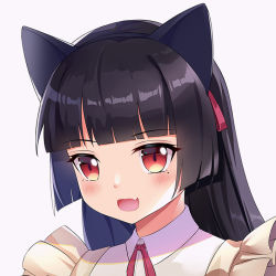 Rule 34 | 1girl, :d, animal ears, apron, black hair, blunt bangs, blush, cat ears, collared dress, commentary request, dress, fake animal ears, fang, female focus, gokou ruri, grey background, hairband, long hair, looking at viewer, maid apron, mole, mole under eye, open mouth, ore no imouto ga konna ni kawaii wake ga nai, portrait, red eyes, simple background, skin fang, smile, solo, tamaxi, wing collar