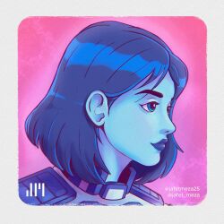 Rule 34 | 1girl, blue eyes, blue hair, blue lips, blue skin, border, colored skin, commentary, english commentary, grey border, hair behind ear, halo (series), halo infinite, instagram username, jafet meza, medium hair, pink background, portrait, profile, solo, the weapon (halo infinite), twitter username, watermark