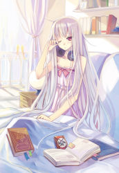 Rule 34 | 1girl, armband, bare shoulders, bed, blush, book, breasts, cleavage, flat chest, hao (patinnko), headphones, highres, long hair, nightgown, one eye closed, pink eyes, pink hair, pixiv fantasia, pixiv fantasia 5, rubbing eyes, small breasts, solo, very long hair, wink