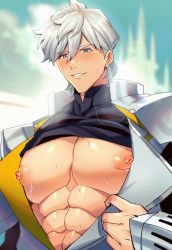 Rule 34 | 1boy, abs, absurdres, black shirt, blue eyes, blue sky, castle, chiharudaaaaaaa, clothes lift, fate/grand order, fate (series), highres, jacket, looking at viewer, male focus, nipples, open clothes, open jacket, parted lips, pectorals, percival (fate), shiny skin, shirt, shirt lift, sky, solo, sweat, toned, toned male, upper body, white hair