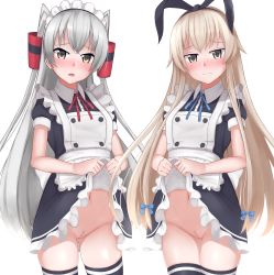 Rule 34 | 2girls, absurdres, alternate costume, amatsukaze (kancolle), apron, black dress, blonde hair, blush, clothes lift, dress, dress lift, enmaided, female pubic hair, hair tubes, hairband, highres, kantai collection, lifting own clothes, long hair, looking at viewer, maid, maid apron, maid headdress, multiple girls, navel, neck ribbon, no panties, nose blush, pubic hair, puffy short sleeves, puffy sleeves, pussy, red ribbon, ribbon, shimakaze (kancolle), short sleeves, silver hair, simple background, skindentation, skirt, skirt lift, thighhighs, tiemu (man190), two side up, very long hair, white background, yellow eyes