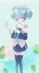 Rule 34 | 1girl, :d, absurdres, black skirt, black sleeves, black thighhighs, blue eyes, blue hair, blue necktie, bow, cinnamiku, cinnamoroll, commentary request, crossover, detached sleeves, diagonal stripes, drinking straw, ear bow, feet out of frame, grey shirt, hair between eyes, hatsune miku, highres, long sleeves, looking at viewer, necktie, open mouth, pleated skirt, sanrio, shirt, skirt, smile, standing, striped, suzumori uina, thighhighs, vocaloid, wide sleeves