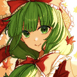 Rule 34 | 1girl, arrg, bow, frilled bow, frilled ribbon, frills, front ponytail, green eyes, green hair, hair bow, hair ribbon, kagiyama hina, leaf, looking at viewer, maple leaf, pixel art, portrait, red bow, red ribbon, ribbon, smile, solo, touhou