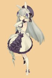 Rule 34 | 1girl, absurdres, animal ears, asymmetrical legwear, bad id, bad pixiv id, black pantyhose, black ribbon, breasts, brown background, closed mouth, commentary request, detached sleeves, dress, facial mark, flower, full body, girls&#039; frontline, goyain, green eyes, grey hair, hair flower, hair ornament, hair ribbon, hand up, hat, highres, hk416 (girls&#039; frontline), hk416 (herbal-flavored hard candy) (girls&#039; frontline), juliet sleeves, long hair, long sleeves, looking at viewer, looking to the side, medium breasts, mismatched legwear, nail polish, official alternate costume, pantyhose, puffy sleeves, purple hat, purple nails, rabbit ears, ribbon, shoes, signature, simple background, solo, standing, very long hair, white dress, white flower, white footwear, white pantyhose, white sleeves