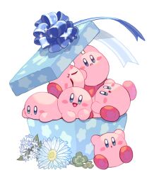 Rule 34 | :d, :i, :o, arms up, blue eyes, blush, blush stickers, box, closed eyes, clover, flower, four-leaf clover, frown, full body, gift, gift box, in box, in container, kirby, kirby (series), leaf, looking at viewer, mutekyan, nintendo, no humans, open mouth, red footwear, shoes, simple background, smile, sparkle, star (symbol), white background, white flower