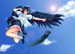 Rule 34 | 1girl, arm up, azusayumi meme, bad id, bad pixiv id, black hair, black wings, blue sky, blush, cloud, day, feathers, female focus, flying, hat, hat ribbon, lens flare, looking at viewer, midriff, navel, open mouth, outstretched arm, red eyes, ribbon, shameimaru aya, shirt, short hair, skirt, sky, smile, solo, sun, touhou, upskirt, wings