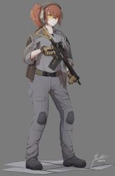 Rule 34 | 1girl, absurdres, ar-15, brown hair, edzactly, gun, highres, holding, holding weapon, military operator, ponytail, red eyes, rifle, weapon