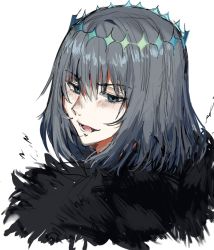 Rule 34 | 1boy, :d, alternate hair color, black hair, blue eyes, blush, crown, diamond hairband, fate/grand order, fate (series), from behind, fur collar, fur trim, kasudegomenna, looking at viewer, looking back, male focus, medium hair, oberon (fate), oberon (third ascension) (fate), official alternate costume, open mouth, portrait, simple background, smile, solo, spoilers, white background