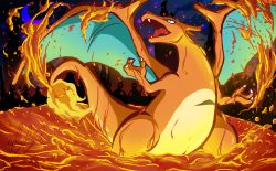 Rule 34 | absurdres, cameo, charizard, charmeleon, charmeleon (cameo), creatures (company), dragon, feet out of frame, fiery tail, fire, fire, game freak, gen 1 pokemon, highres, lava, neartarc, night, night sky, nintendo, pokemon, pokemon (creature), profile, signature, sky, solo, standing, tail, watermark, web address, wings