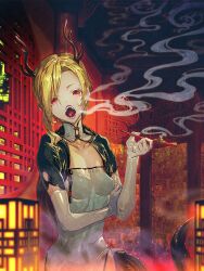 Rule 34 | 1girl, antlers, blonde hair, blowing smoke, breasts, dragon girl, dragon horns, dragon tail, green scales, green tail, highres, holding, holding smoking pipe, horns, kicchou yachie, looking at viewer, monster girl, open mouth, red eyes, scales, sharp teeth, short hair, smoke, smoking, smoking pipe, solo, tail, teeth, touhou, turtle shell, zounose