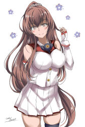 Rule 34 | 1girl, black thighhighs, brown eyes, brown hair, collar, cowboy shot, detached sleeves, gakky, highres, holding, holding own hair, kantai collection, long hair, metal collar, one-hour drawing challenge, pleated skirt, ponytail, shirt, simple background, single thighhigh, skirt, solo, thighhighs, white background, white shirt, white skirt, yamato (kancolle), yamato kai ni (kancolle)