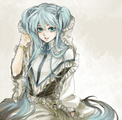 Rule 34 | 1girl, blue eyes, blue hair, bracelet, c kago, dress, frills, hair between eyes, hand up, hatsune miku, jewelry, long hair, looking at viewer, matching hair/eyes, parted lips, smile, solo, twintails, very long hair, victorian, vocaloid