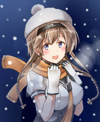 Rule 34 | 10s, 1girl, :d, black gloves, blue eyes, blush, braid, breasts, clothes writing, corset, gloves, hair ornament, hat, kamelie, kantai collection, light brown hair, long hair, looking at viewer, medium breasts, multicolored gloves, neckerchief, open mouth, orange scarf, propeller hair ornament, scarf, school uniform, serafuku, short sleeves, smile, snow, snowing, solo, teruzuki (kancolle), text focus, translation request, twin braids, white gloves