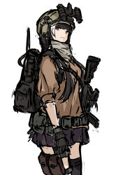 Rule 34 | 1girl, backpack, bag, black gloves, black hair, black skirt, black thighhighs, brown eyes, brown headwear, brown shirt, closed mouth, colt 9mm smg, commentary request, ear protection, girls&#039; frontline, gloves, gun, helmet, heterochromia, highres, looking at viewer, multicolored hair, mutugorou u, pleated skirt, puffy short sleeves, puffy sleeves, red eyes, ro635 (girls&#039; frontline), shirt, short sleeves, simple background, single thighhigh, sketch, skirt, solo, streaked hair, submachine gun, thighhighs, weapon, white background, white hair