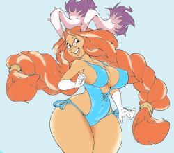 Rule 34 | 1girl, :d, animal ears, armpits, ass, bare arms, bare shoulders, blue one-piece swimsuit, blush, braid, breasts, breath of fire, breath of fire iii, cleavage, collarbone, colorized, covered erect nipples, cross-laced clothes, curvy, glasses, hair ornament, highres, hip focus, jewelry, large breasts, long hair, looking at viewer, momo (breath of fire), navel, nipples, one-piece swimsuit, open mouth, orange eyes, orange hair, plump, rabbit ears, ribbon, sketch, smile, solo, standing, swimsuit, teeth, thick thighs, thighs, twin braids, twintails, very long hair, wide hips