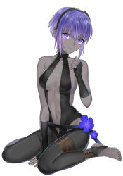 Rule 34 | 1girl, ankle wrap, bare shoulders, barefoot, black gloves, black hairband, black pantyhose, breasts, collarbone, dark-skinned female, dark skin, fate/prototype, fate/prototype: fragments of blue and silver, fate (series), feet, fingerless gloves, full body, gloves, hairband, hassan of serenity (fate), highres, looking at viewer, medium breasts, navel, nipi27, pantyhose, purple eyes, purple hair, short hair, simple background, sitting, smile, solo, toeless legwear, toes, wariza, white background