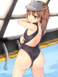 Rule 34 | 10s, 1girl, ass, brown eyes, brown hair, flat chest, from behind, front zipper swimsuit, highres, kantai collection, long hair, looking at viewer, looking back, meme attire, nipples, one-piece swimsuit, open mouth, rei no pool, ryouya, ryuujou (kancolle), solo, swimsuit, twintails, visor cap, wardrobe error