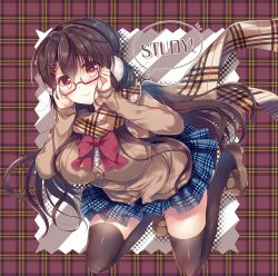 Rule 34 | 1girl, adjusting eyewear, blue skirt, blush, breasts, brown background, brown footwear, brown hair, brown scarf, brown sweater, brown thighhighs, buttons, cardigan, closed mouth, commentary request, earmuffs, english text, floating hair, full body, glasses, hair between eyes, hair ornament, hairclip, kneeling, large breasts, loafers, long hair, long sleeves, looking at viewer, medium skirt, original, parted bangs, plaid, plaid background, plaid scarf, plaid skirt, pleated skirt, polka dot, polka dot background, red-framed eyewear, red eyes, red neckwear, scarf, school uniform, semi-rimless eyewear, shiny clothes, shirt, shoes, skirt, smile, solo, speech bubble, striped, striped background, suzunone rena, sweater, thighhighs, very long hair, white shirt, zettai ryouiki