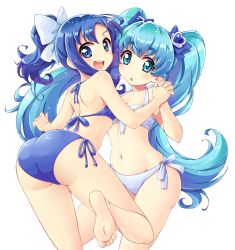 Rule 34 | 10s, 2girls, :d, aqua eyes, aqua hair, ass, barefoot, bikini, blue bikini, blue eyes, blue hair, bow, collarbone, color connection, crossover, feet, hair bow, halterneck, happinesscharge precure!, heartcatch precure!, highres, holding hands, interlocked fingers, kurumi erika, long hair, multiple girls, navel, o-ring, o-ring bikini, open mouth, ponytail, precure, satogo, shirayuki hime, side-tie bikini bottom, simple background, smile, soles, swimsuit, toes, twintails, very long hair, white background, white bikini