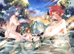 Rule 34 | 4girls, animal ears, bathing, black knight (granblue fantasy), blue hair, breasts, brown eyes, brown hair, commentary request, completely nude, convenient censoring, covering privates, cow ears, cow girl, cow horns, draph, eno yukimi, erune, ferry (granblue fantasy), granblue fantasy, green eyes, hair bun, high ponytail, highres, holding, holding towel, horns, huge breasts, large breasts, light censor, long hair, medium breasts, multiple girls, naked towel, nude, nude cover, onsen, open mouth, orchis, outdoors, partially submerged, pointy ears, red hair, seiza, short hair, single hair bun, sitting, sturm (granblue fantasy), thighs, towel, tree, water, wavy hair, yellow eyes