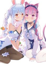 Rule 34 | 2girls, anchor symbol, animal ear fluff, animal ears, animal print, backwards hat, between legs, bird, black gloves, black thighhighs, blue hair, blue nails, blush, braid, breasts, carrot, cat ears, cat print, cat tail, choker, cleavage, collar, collarbone, commentary, don-chan (usada pekora), dress, duck, frilled collar, frills, gloves, hand between legs, hat, highres, hololive, invisible floor, large breasts, leotard, leotard under clothes, long hair, looking at viewer, medium breasts, minato aqua, minato aqua (sailor), multicolored hair, multiple girls, nail polish, nuebunny, orange eyes, pantyhose, pink eyes, pink hair, rabbit ears, ribbon choker, sailor collar, simple background, sitting, smile, subaru duck, tail, thick eyebrows, thighhighs, twin braids, twintails, two-tone hair, usada pekora, usada pekora (1st costume), very long hair, virtual youtuber, waving, white background, white dress, white hair, white legwear, yokozuwari