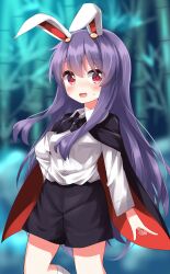 Rule 34 | 1girl, :d, animal ears, bamboo, bamboo forest, black cape, black shorts, blush, cape, collared shirt, commentary request, cosplay, cowboy shot, forest, highres, long hair, long sleeves, nature, open mouth, pointing, rabbit ears, red cape, red eyes, reisen udongein inaba, ruu (tksymkw), shirt, shorts, smile, solo, touhou, two-sided fabric, two-tone cape, very long hair, white shirt, wriggle nightbug, wriggle nightbug (cosplay)