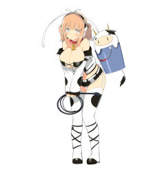 Rule 34 | 10s, 1girl, animal, animal print, bell, neck bell, breasts, bucket, cleavage, collar, cow, cow print, cow tail, detached sleeves, female focus, grey eyes, hair ornament, headwear request, large breasts, official art, open mouth, orange hair, ribbon, senran kagura, senran kagura new wave, short twintails, solo, tail, twintails, ushimaru (senran kagura), whip, yaegashi nan