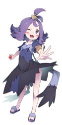 Rule 34 | 1girl, :3, acerola (pokemon), arm up, armlet, blush, blush stickers, collagen, collarbone, creatures (company), dress, feet, full body, game freak, hair ornament, happy, holding, holding poke ball, matching hair/eyes, nintendo, one eye closed, open mouth, outstretched arm, poke ball, poke ball (basic), pokemon, pokemon sm, purple dress, purple eyes, purple footwear, purple hair, sandals, short hair, short sleeves, simple background, smile, solo, standing, toes, torn clothes, torn dress, torn sleeves, white background, wink