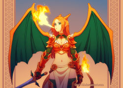 Rule 34 | 1girl, armor, breasts, breath weapon, breathing fire, charizard, cleavage, cowboy shot, creatures (company), dav-19, dragon girl, dragon wings, elbow gloves, fiery tail, fire, flame-tipped tail, game freak, gauntlets, gen 1 pokemon, gloves, green eyes, horns, lizard tail, long hair, midriff, monster girl, navel, nintendo, orange hair, pauldrons, pelvic curtain, personification, pokemon, shoulder armor, shoulder spikes, solo, spikes, sword, tail, thighhighs, watermark, weapon, web address, wings