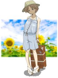 Rule 34 | 1girl, arms behind back, blue jumpsuit, bracelet, brown eyes, brown hair, brown headwear, casual, closed mouth, commentary, dappled sunlight, full body, girls und panzer, hat, head tilt, highres, jewelry, jumpsuit, light frown, looking at viewer, luggage, maruyama saki, medium hair, oekaki ojiisan, rolling suitcase, sandals, shadow, short hair, short jumpsuit, spaghetti strap, standing, suitcase, sunlight, white footwear