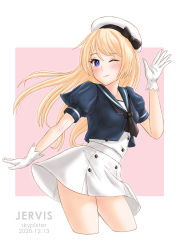 Rule 34 | 1girl, absurdres, blonde hair, blue eyes, blue sailor collar, blush, border, character name, dress, gloves, hat, highres, jervis (kancolle), kantai collection, one eye closed, pink background, sailor collar, sailor dress, sailor hat, skypixter, white border, white dress, white gloves, white headwear