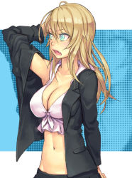 Rule 34 | 1girl, arm behind head, blazer, blonde hair, blue eyes, breasts, cleavage, crop top, fang, halftone, halftone background, jacket, large breasts, long hair, looking away, midriff, mustard seeds, navel, open clothes, open jacket, open mouth, original, solo, stomach, yuuji (and)