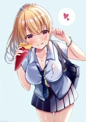 Rule 34 | 1girl, :q, bag, black skirt, blonde hair, blue background, blue necktie, blue shirt, blush, breasts, cleavage, closed mouth, collarbone, collared shirt, commentary request, crepe, diagonal-striped clothes, diagonal-striped necktie, diagonal-striped neckwear, dress shirt, food, food on clothes, food on face, hair between eyes, hair ornament, hair ribbon, hairclip, hands up, heart, holding, holding food, leaning forward, long hair, looking at viewer, medium breasts, midriff peek, nail polish, necktie, original, pink nails, pleated skirt, ponytail, red eyes, ribbon, sakura hiyori, school bag, shirt, simple background, skirt, smile, solo, spoken heart, striped clothes, striped necktie, striped neckwear, tongue, tongue out, white ribbon