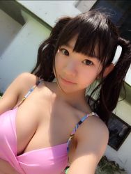Rule 34 | 1girl, asian, bikini, black hair, breasts, cleavage, female focus, japanese (nationality), large breasts, photo (medium), solo, swimsuit, twintails, upper body