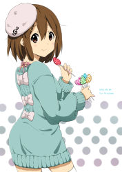 Rule 34 | 1girl, blush, bow, brown eyes, brown hair, candy, character name, dated, dress, food, from behind, hat, hip focus, hirasawa yui, k-on!, lollipop, looking at viewer, looking back, official style, ragho no erika, ribbed sweater, short hair, smile, solo, sweater, sweater dress, thighhighs, white thighhighs