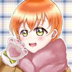 Rule 34 | 1girl, absurdres, artist name, artist request, breasts, brown coat, close-up, coat, earrings, female focus, green eyes, hair between eyes, heart, heart print, highres, hoshizora rin, jewelry, long sleeves, looking at viewer, love live!, love live! school idol project, orange hair, parted lips, paw pose, pink scarf, scarf, short hair, smile, solo, upper body, yellow eyes