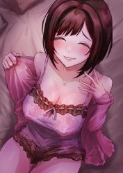 Rule 34 | 1girl, ^ ^, absurdres, bare shoulders, bed, bed sheet, blush, breasts, cardigan, cleavage, closed eyes, clothes pull, collarbone, commentary request, covered erect nipples, dress, fanning, highres, idolmaster, idolmaster cinderella girls, idolmaster cinderella girls starlight stage, jewelry, lace, lace-trimmed dress, lace trim, long sleeves, maekawa miku, medium breasts, necklace, no bra, pillow, pulling own clothes, short dress, short hair, smile, solo, sweat, sweatdrop, torishu (kumataka 4867)