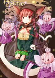 Rule 34 | 1girl, animal ears, bow, braid, cat ears, cat tail, dress, fang, fang out, green dress, hood, jyaoh0731, kaenbyou rin, multiple tails, nekomata, red eyes, red hair, scythe, smile, solo, tail, touhou, twin braids, zombie fairy (touhou)