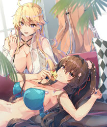 Rule 34 | 3girls, ahoge, alternate costume, artist name, ass, blonde hair, blue bra, blue eyes, blue nails, bra, breasts, brown eyes, brown hair, cherry blossoms, dark-skinned female, dark skin, dated, flower, grey hair, hair between eyes, hair flower, hair intakes, hair ornament, highres, himeyamato, holding hands, iowa (kancolle), kantai collection, large breasts, long hair, long sleeves, lying, multiple girls, musashi (kancolle), musashi kai ni (kancolle), nail polish, on back, ponytail, red nails, revision, shirt, sidelocks, standing, star-shaped pupils, star (symbol), symbol-shaped pupils, twintails, underwear, very long hair, white shirt, yamato (kancolle)