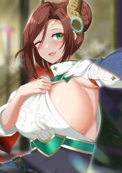 Rule 34 | 1girl, ;d, absurdres, alexandria (xenoblade), armpits, blurry, blurry background, blush, breasts, brown hair, dress, green eyes, hair bun, hair ornament, highres, ii tea, large breasts, looking at viewer, one eye closed, open mouth, presenting armpit, pulling own clothes, single hair bun, smell, smile, solo, sweat, upper body, white dress, xenoblade chronicles (series), xenoblade chronicles 3