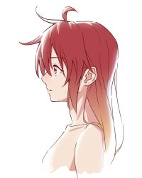 Rule 34 | 1girl, ahoge, alternate hairstyle, collarbone, commentary, cropped shoulders, expressionless, from side, highres, kasane teto, medium hair, nude, parted lips, profile, red eyes, red hair, simple background, solo, utau, white background, yasutange