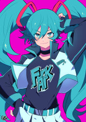 Rule 34 | 1girl, absurdres, ai-generated art (topic), alternate costume, artist name, belt, black gloves, black headphones, black shirt, blue belt, blue eyes, blue hair, blue shirt, commentary, english commentary, fingerless gloves, gloves, gurepyon, hair ornament, hand on headphones, hatsune miku, highres, long sleeves, looking at viewer, pink background, shirt, shirt tucked in, skirt, twintails, vocaloid, white skirt