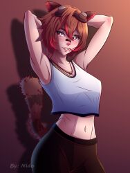 Rule 34 | 1girl, affternido, animal ears, armpits, arms behind head, arms up, artist name, black pants, breasts, brown hair, collarbone, cowboy shot, eyebrows, eyelashes, female focus, goggles, goggles on head, grin, indie virtual youtuber, jewelry, lips, looking at viewer, medium breasts, midriff, multicolored hair, navel, necklace, pants, parted lips, raccoon ears, raccoon girl, raccoon tail, rakkun sutaru, red eyes, shirt, short hair, sleeveless, sleeveless shirt, smile, solo, standing, streaked hair, tail, teeth, two-tone hair, virtual youtuber, watermark, white shirt