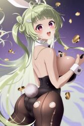 Rule 34 | 1girl, :d, adjusting clothes, animal ears, antenna hair, ass, black bow, black bowtie, black leotard, bowtie, breasts, brown pantyhose, coin, detached collar, fake animal ears, fake tail, from behind, goddess of victory: nikke, green hair, green nails, heart antenna hair, highleg, highleg leotard, large breasts, leotard, long hair, looking at viewer, looking back, milmil7, nail polish, open mouth, pantyhose, pink eyes, playboy bunny, rabbit ears, rabbit tail, sideboob, smile, soda (nikke), soda (twinkling bunny) (nikke), solo, strapless, strapless leotard, tail, torn clothes, torn pantyhose, twintails, wrist cuffs