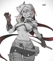 Rule 34 | 1girl, absurdres, belt, breasts, commentary, cowboy shot, fishnets, gloves, greyscale, grin, hair between eyes, highres, holding, holding sword, holding weapon, holster, kunai, large breasts, less, looking at viewer, mask, mask on head, monochrome, navel, original, ponytail, short shorts, shorts, simple background, smile, solo, stomach, sword, teeth, thigh holster, underboob, weapon, white background