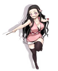 Rule 34 | 1girl, alternate breast size, balancing, bare arms, bare shoulders, black thighhighs, blush, breasts, cleavage, collarbone, dress, food, full body, highres, kamado nezuko, kimetsu no yaiba, large breasts, long hair, oppai loli, outstretched arms, pink dress, pocky, purple eyes, relaxjon, signature, simple background, sleeveless, sleeveless dress, solo, spread arms, thighhighs, white background