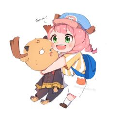 Rule 34 | 1boy, 1girl, antlers, anya (spy x family), bag, black pants, blush, brown footwear, child, commentary, crossover, duckprotector26, english commentary, green eyes, hat, highres, horns, hug, hug from behind, misunderstanding, one piece, orange shirt, pants, pink hair, reindeer antlers, shirt, shoulder bag, simple background, smile, socks, spy x family, striped clothes, striped shirt, sweatdrop, tony tony chopper, twintails, vertical-striped clothes, vertical-striped shirt, white background, white socks